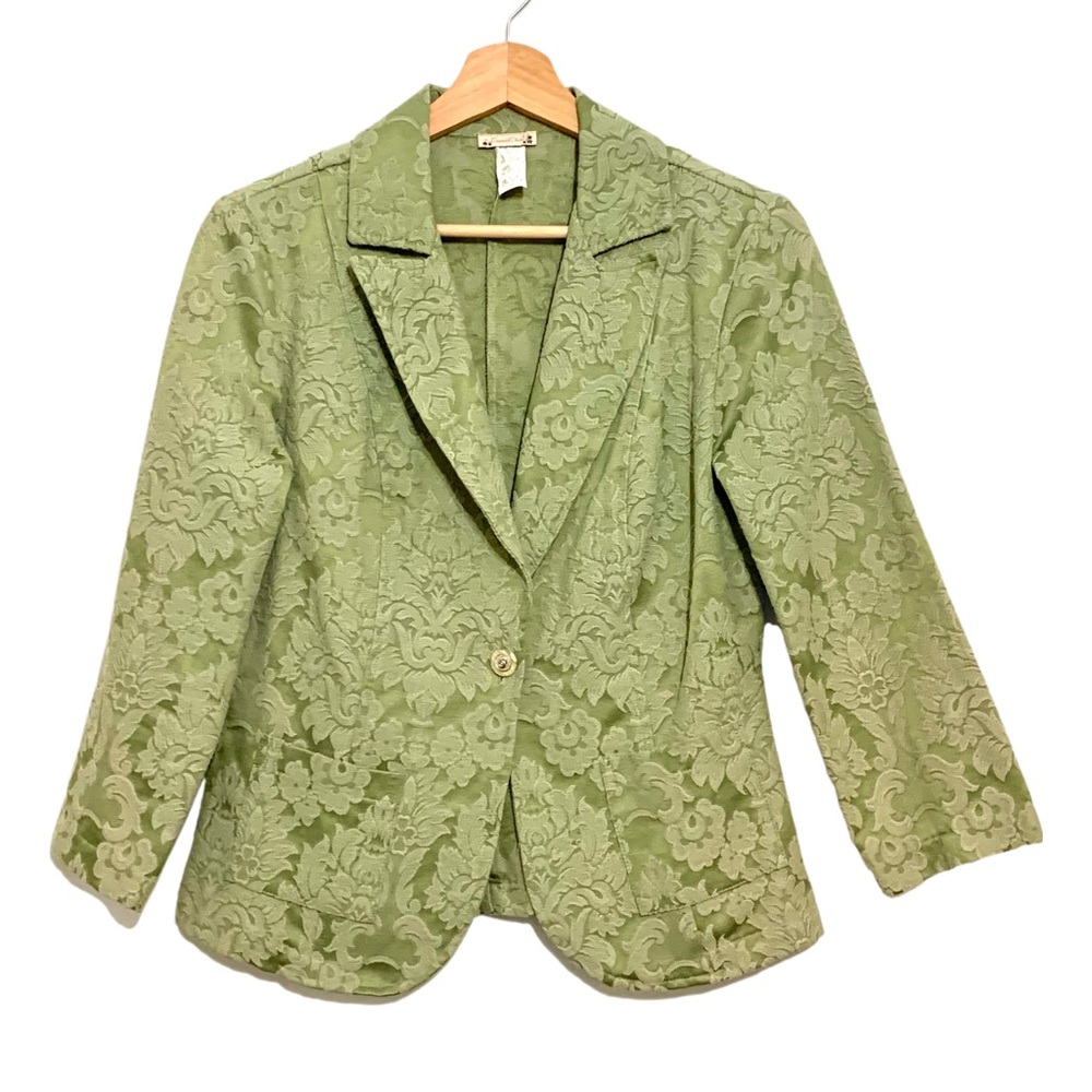 Vintage Fitted Blazer Green Jacquard Size Large Romantic Regency